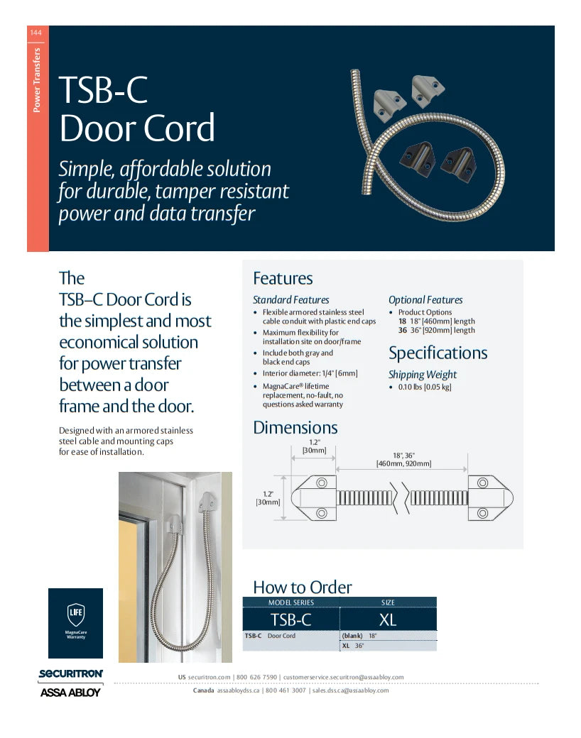 HES TSB-C Securitron Door Cord for Touch Sense Bar, Caps, Gray/Black, 18"