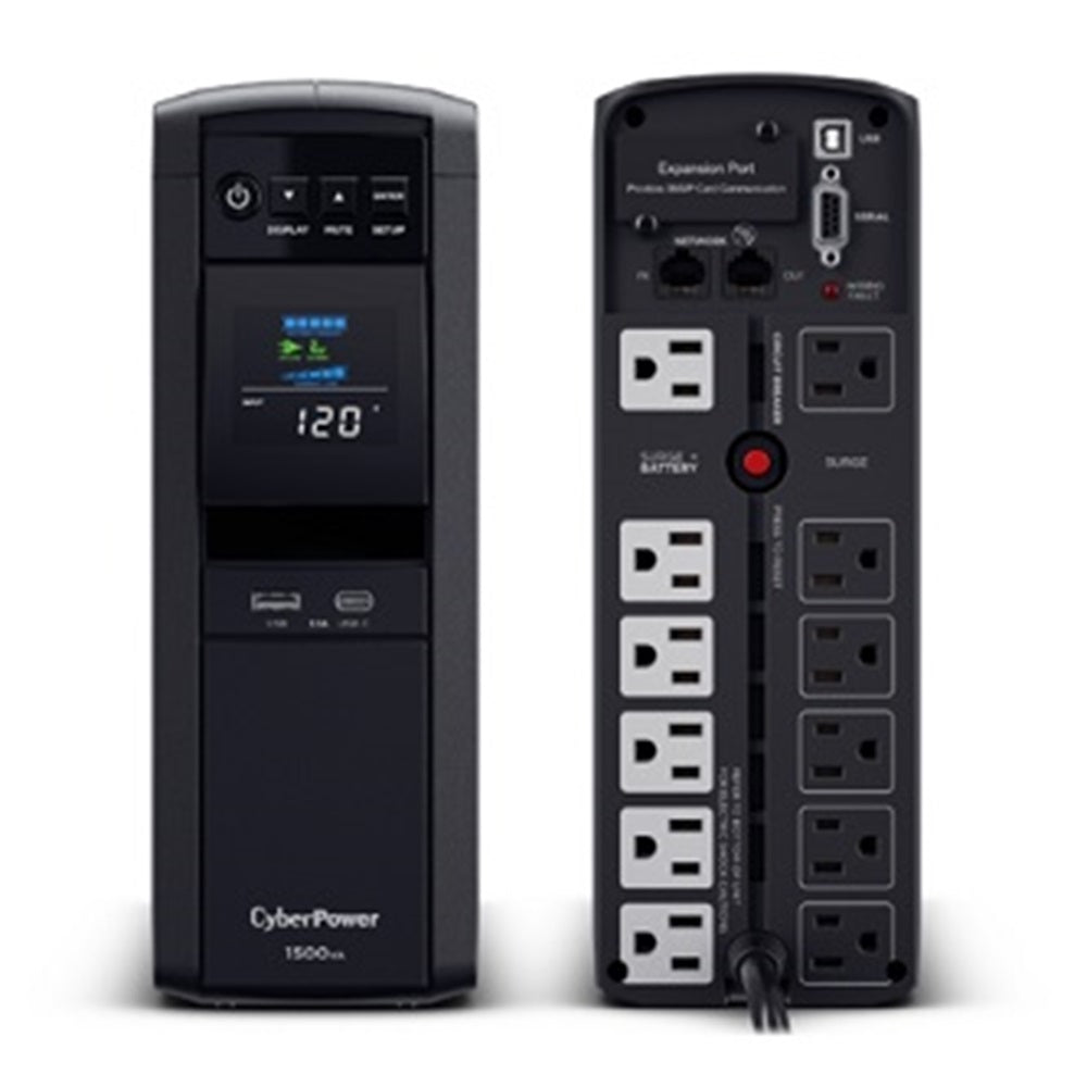 CyberPower CP1500PFCLCD 1500VA/1000W PFC Sine Wave UPS,12 NEMA 5-15R, NEMA 5-15P, 3 Yr Wty