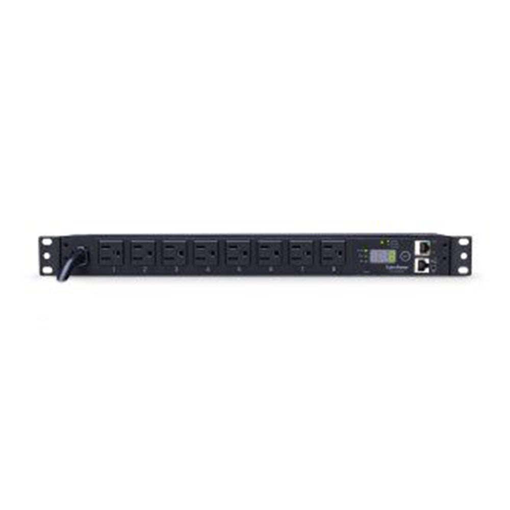 CyberPower PDU15M8FNET 15A (Derated to 12A), 100 - 120 V, 50Hz/60Hz, NEMA 5-15P plug, 8 NEMA 5-15R, 1U Rackmount, 12 ft cord, 3 year