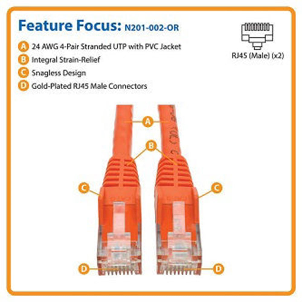 Eaton N201-002-OR Cat6 Gigabit Snagless Molded (UTP) Ethernet Cable (RJ45 M/M), PoE, Orange, 2 ft. (0.61 m)