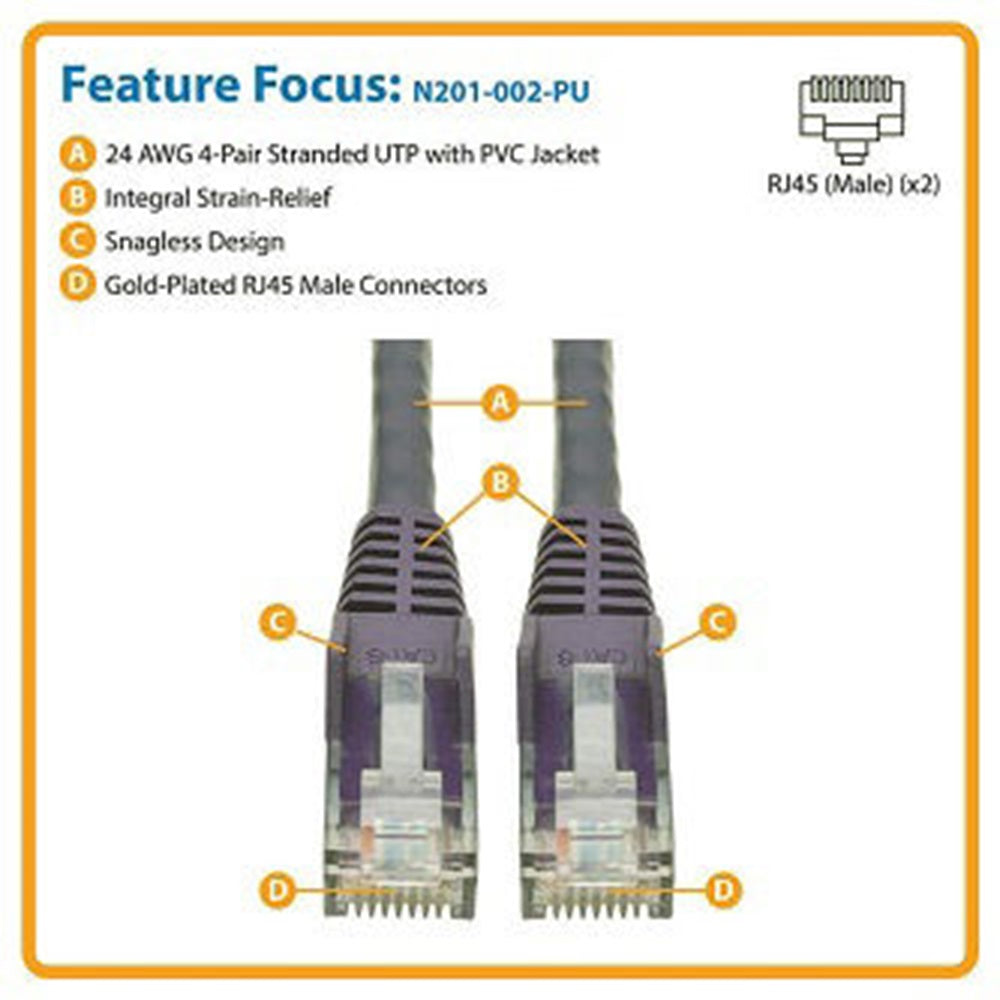 Eaton N201-002-PU Cat6 Gigabit Snagless Molded (UTP) Ethernet Cable (RJ45 M/M), PoE, Purple, 2 ft. (0.61 m)
