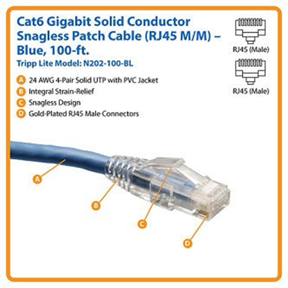 Eaton N202-100-BL Cat6 Gigabit Solid Conductor Snagless UTP Ethernet Cable (RJ45 M/M), PoE, Blue, 100 ft. (30.5 m)