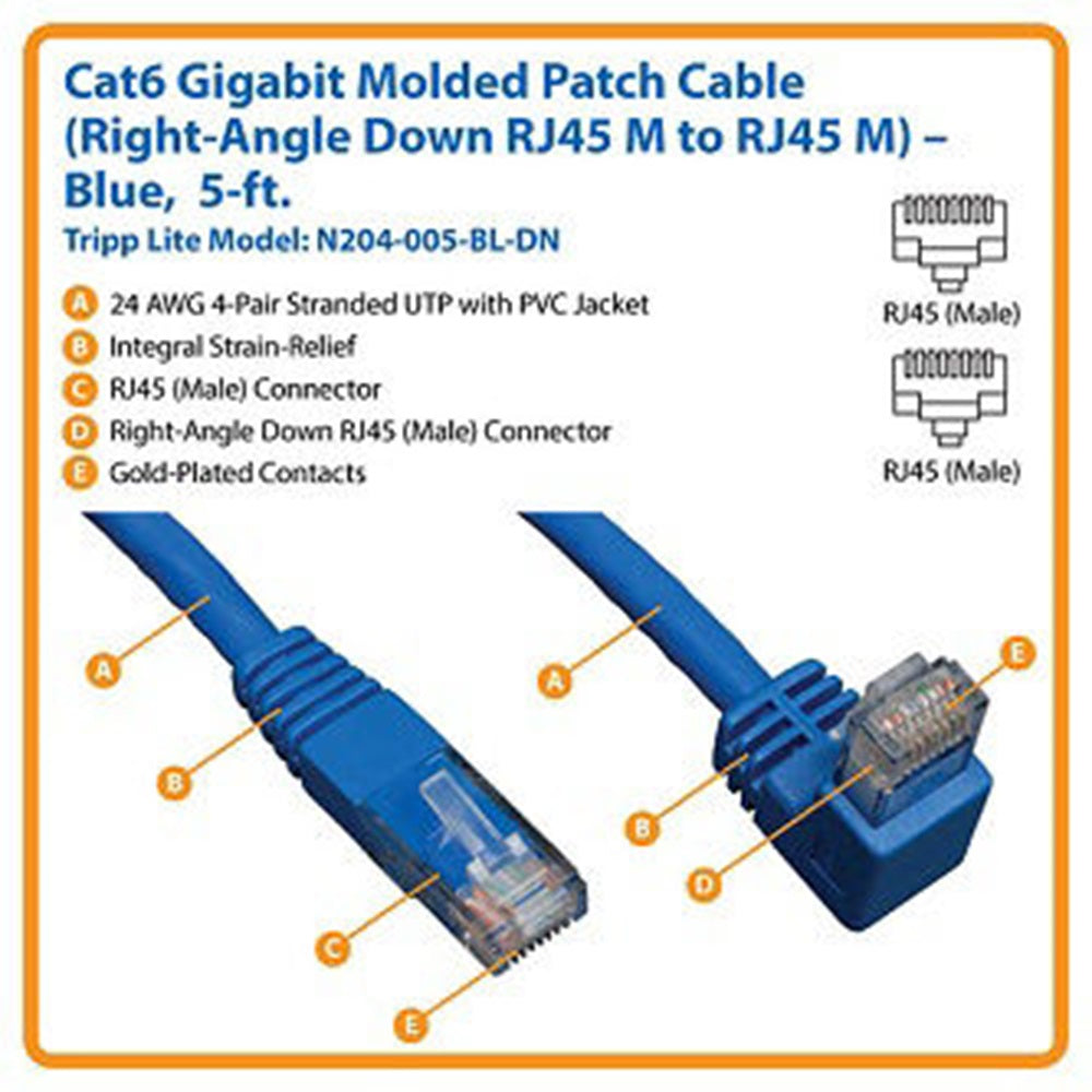 Eaton N204-005-BL-DN Down-Angle Cat6 Gigabit Molded UTP Ethernet Cable (RJ45 Right-Angle Down M to RJ45 M), Blue, 5 ft. (1.52 m)