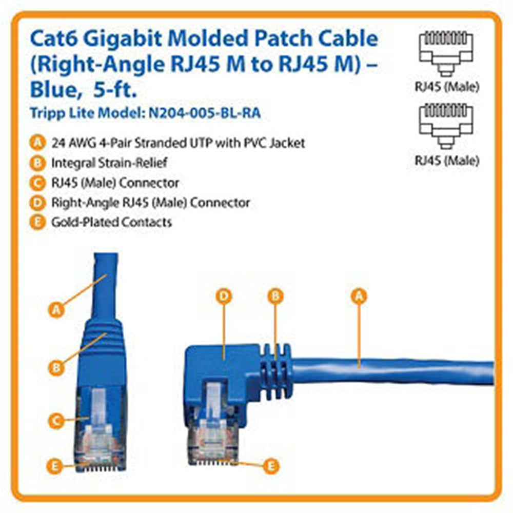 Eaton N204-005-BL-RA Right-Angle Cat6 Gigabit Molded UTP Ethernet Cable (RJ45 Right-Angle M to RJ45 M), Blue, 5 ft. (1.52 m)