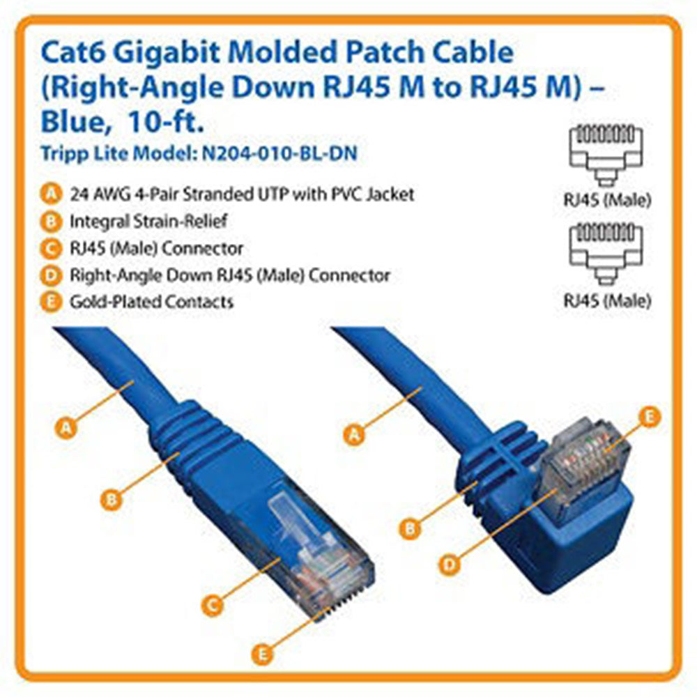 Eaton N204-010-BL-DN Down-Angle Cat6 Gigabit Molded UTP Ethernet Cable (RJ45 Right-Angle Down M to RJ45 M), Blue, 10 ft. (3.05 m)