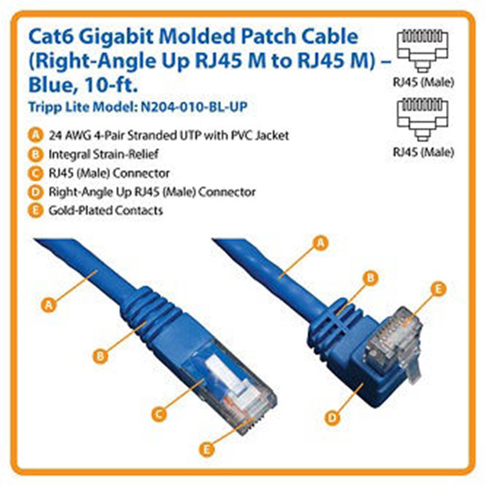 Eaton N204-010-BL-UP Up-Angle Cat6 Gigabit Molded UTP Ethernet Cable (RJ45 Right-Angle Up M to RJ45 M), Blue, 10 ft. (3.05 m)