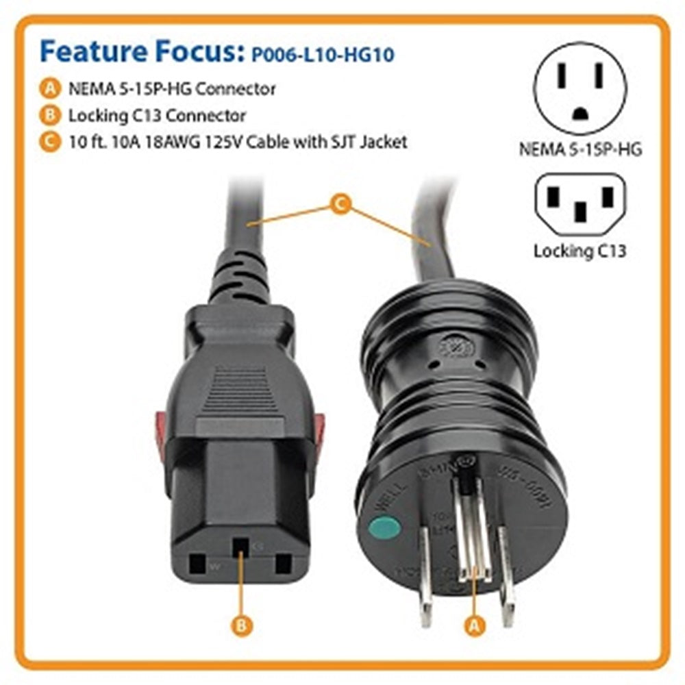 Eaton P006-L10-HG10 Hospital-Grade Power Cord, NEMA 5-15P to Locking IEC C13 - Green Dot, 10A, 125V, 18 AWG, 10 ft. (3.05 m)