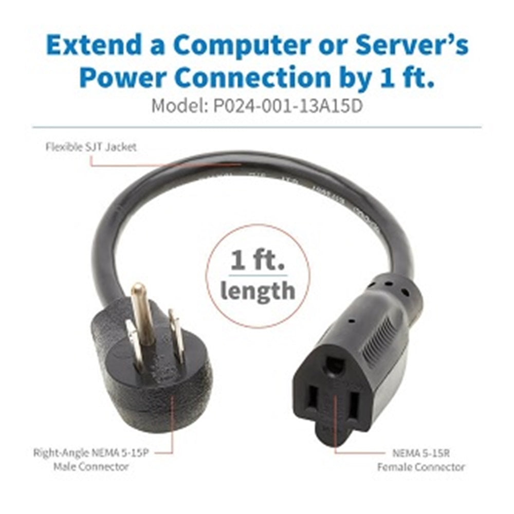 Eaton P024-001-13A15D Power Extension Cord, Right-Angle NEMA 5-15P to NEMA 5-15R - 13A, 120V, 16 AWG, 1 ft. (0.31 m), Black