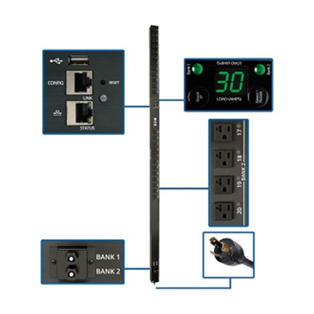 Eaton PDUMV30NETLX 2.9kW Single-Phase Switched PDU - LX Interface, 120V Outlets (24 5-15/20R), 10 ft. (3.05 m) Cord with L5-30P