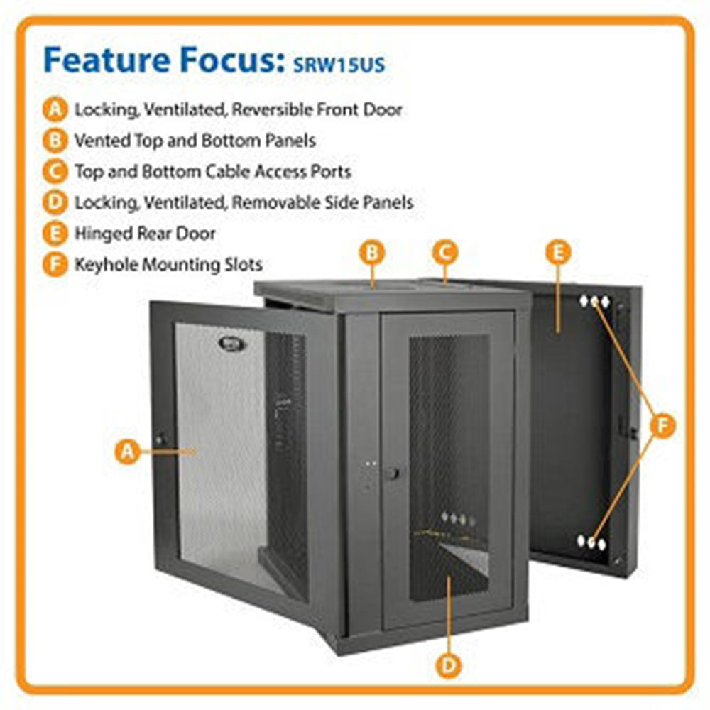 Eaton SRW15US SmartRack 15U Low-Profile Switch-Depth Wall-Mount Half-Height Rack Enclosure, Hinged Back