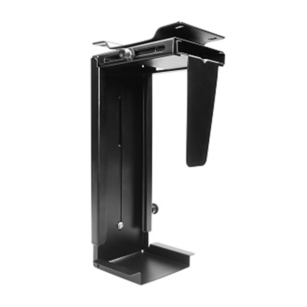 HAT Design Works CPU-HLDR-1-BLK Supports Computers 11.8-21 inches high and 3.5-8 inches wide. 22lbs Max Weight. Wall or Under Desk Mount