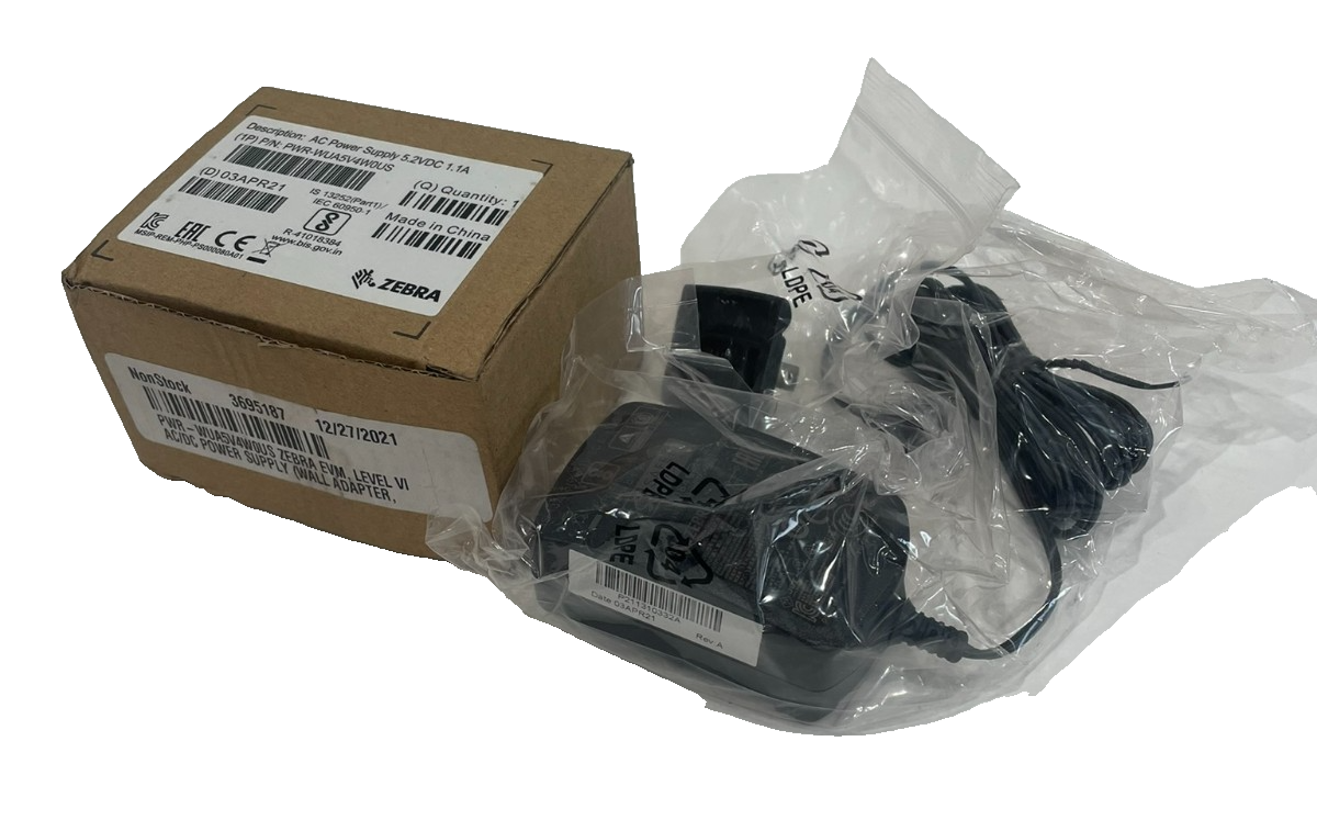 Zebra PWR-WUA5V4W0US Power, Level VI AC/DC Power Supply Wall Adapter, w/Captive DC Cable and US Adapter Clip AC Input: 100-240V