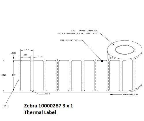 Zebra 10000287 Label, Paper, 3x1in (76.2x25.4mm); TT, Z-Perform 2000T, Value Coated, Permanent Adhesive, 3in (76.2mm) core