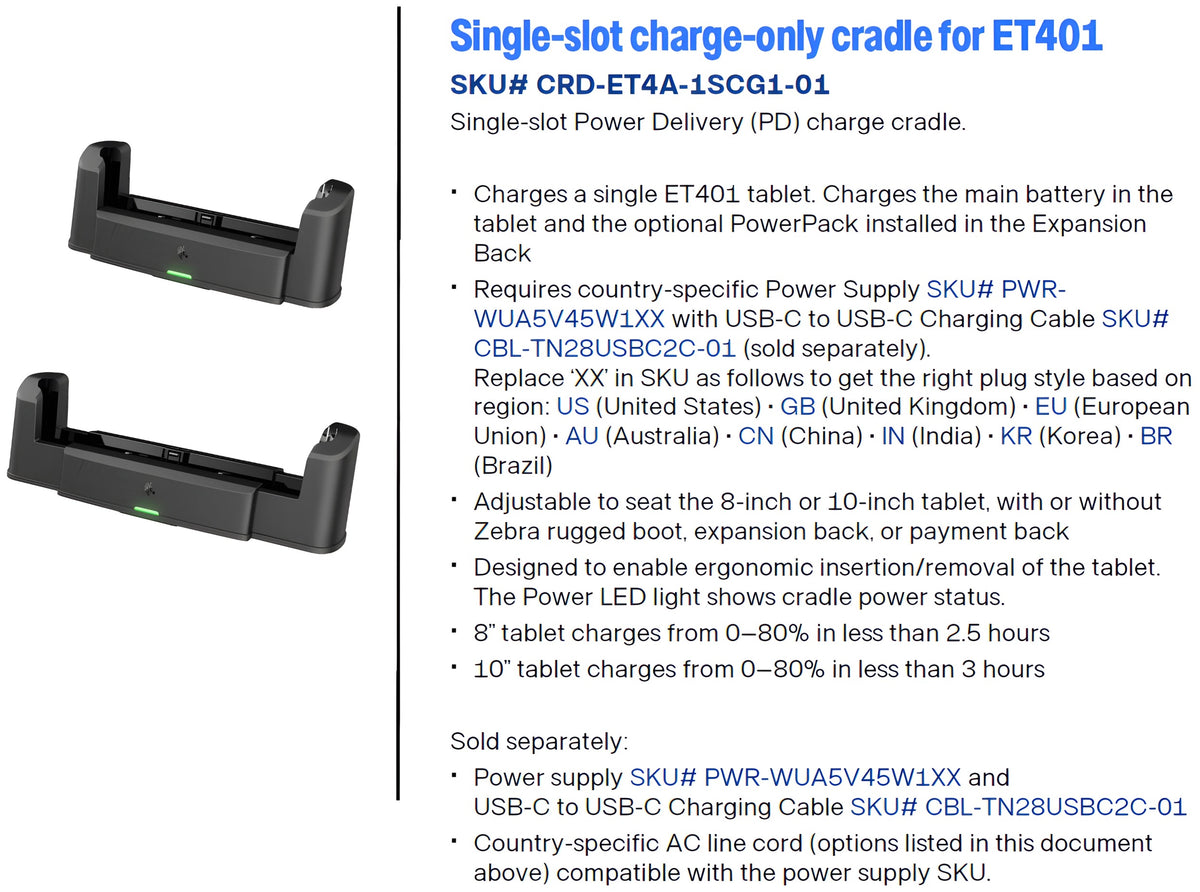 Zebra CRD-ET4A-1SCG1-01 ET401 One Slot Charge Only Cradle