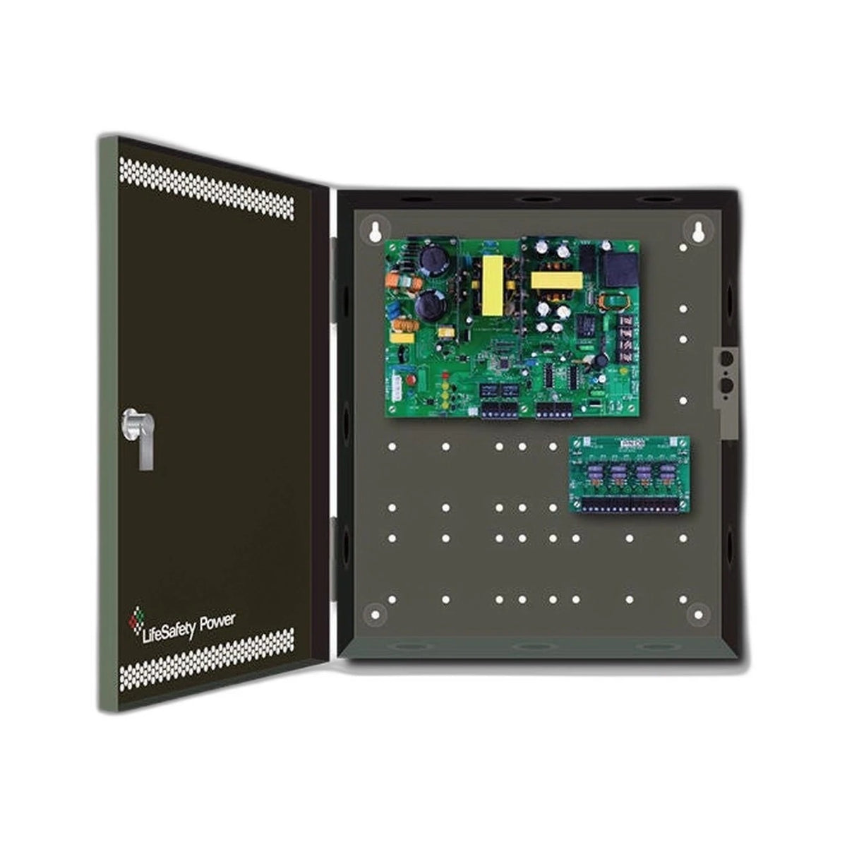 LifeSafety Power FPO150-B100C8D8E4M/P8-A 150W (12 or 24V) 5-18V Adjustable Secondary Voltage 8 lock outputs 8 aux outputs 24x20x6.5 enclosure, 8 Door