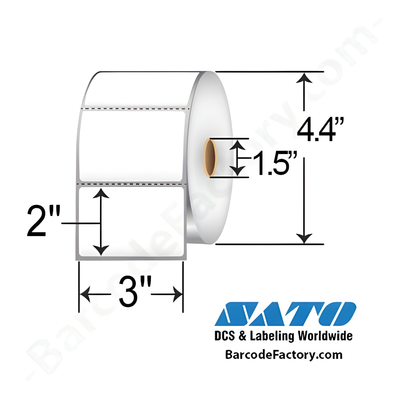 Sato SR15LD-20119 LABEL 3 x 2, 1.5-ID 4.375-OD PERF OUT 850/RL 4RL/CTN 3400/CTN SATO-Direct 100P