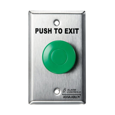 HES TS-14 One N/O and One N/C Contact, 1-1/2" Round Green Push Button, "PUSH TO EXIT", Single Gang, Stainless Steel