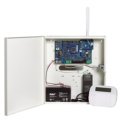 Digital Security Controls HS3032-NAKIT1 PowerSeries Pro HS3032BASE with HSC3010C cabinet, HS2LCDPRO keypad, SD-15W siren, and RJ45 telephone jack.