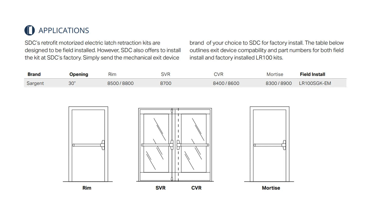 SDC LR100SGK Electric Latch Retraction Kit - Sargent