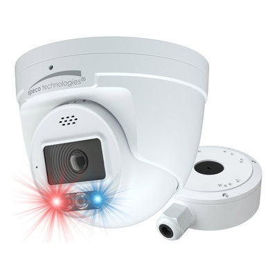 Speco Technologies O4TDD2 4MP AI IP Turret Camera with Digital Deterrent, 2.8mm fixed lens, White, NDAA, Junc Box