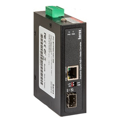 Barox PC-BTPMC101-10GE Media converter for DIN rail, extended temperature range, 1x1G/10GTX PoE+ 802.1af/at/bt, RJ45, 1x1G/10GFX