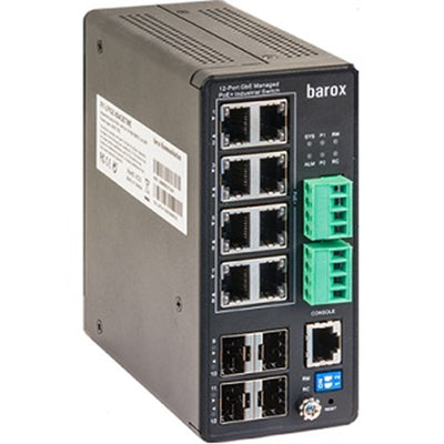 Barox RY-LPIGE-804GBTME Switch, DIN rail, Managed, 8 x IEEE 802.3af/at Power over Ethernet RJ45 ports, 4 x 100/1000 SFP ports, Layer