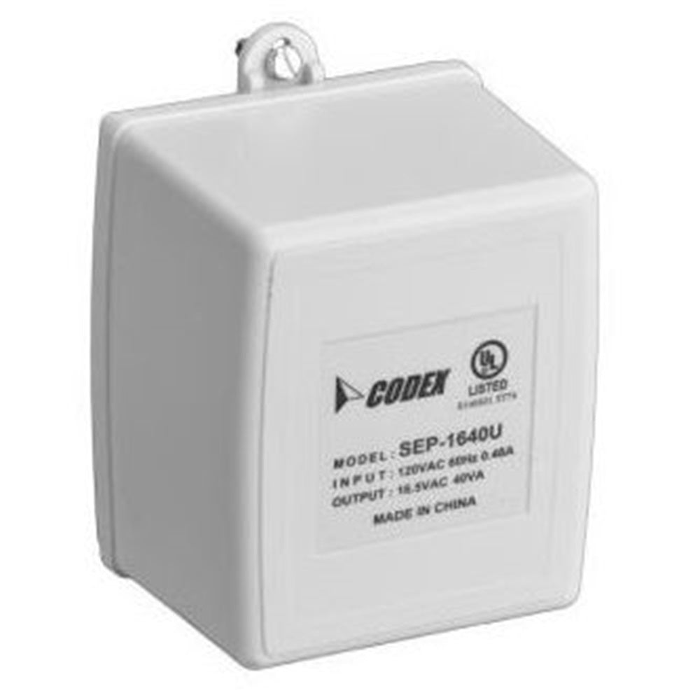 Radionix D1640 Transformer plug-in, 16V 40VA. System transformer rated at 16.5 VAC, 40 VA.