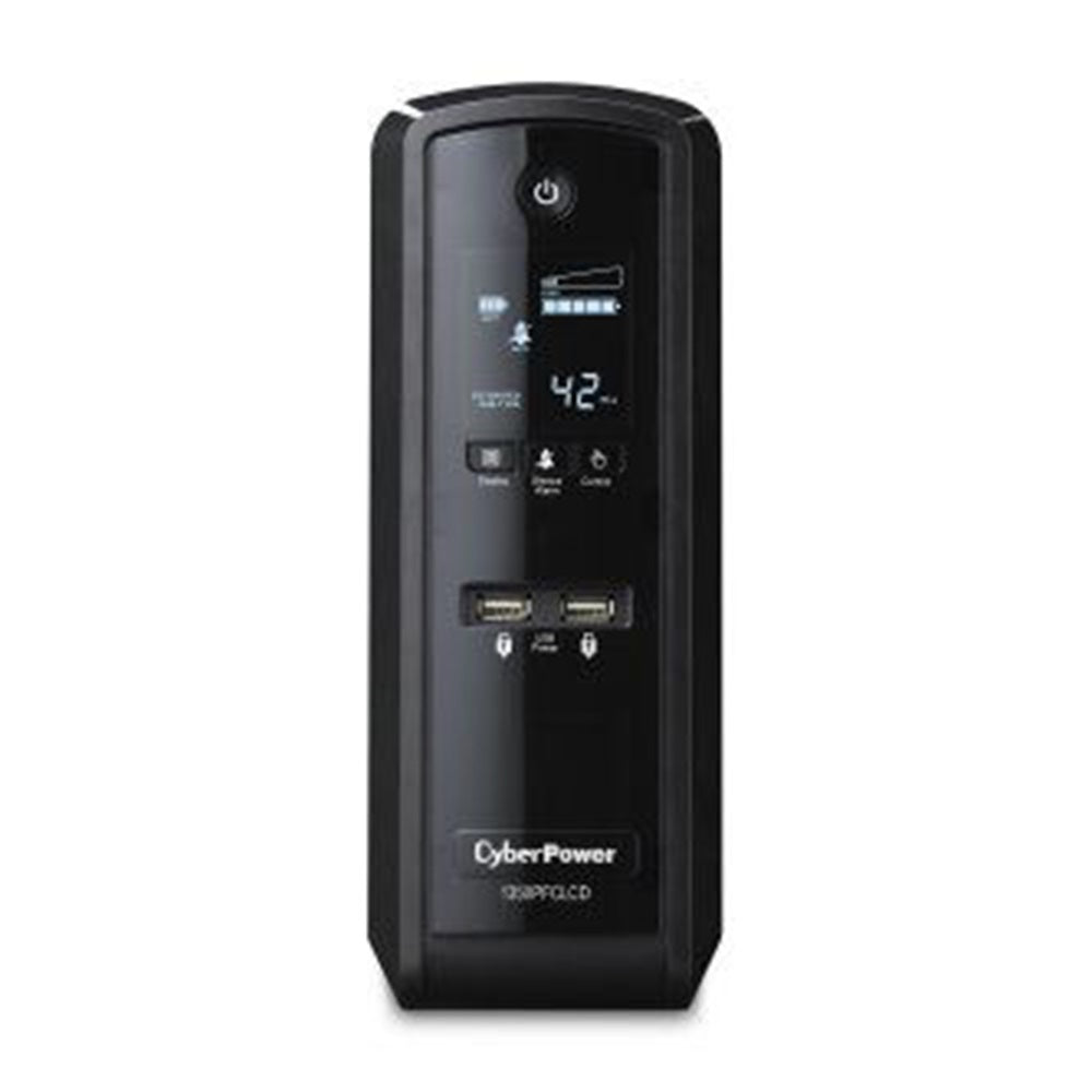 CyberPower CP1350PFCLCD 1350VA/810W, Pure Sine Wave, NEMA 5-15P, 5 ft cord, 10 NEMA 5-15R, 2 (1A shared) USB ports, USB, Serial