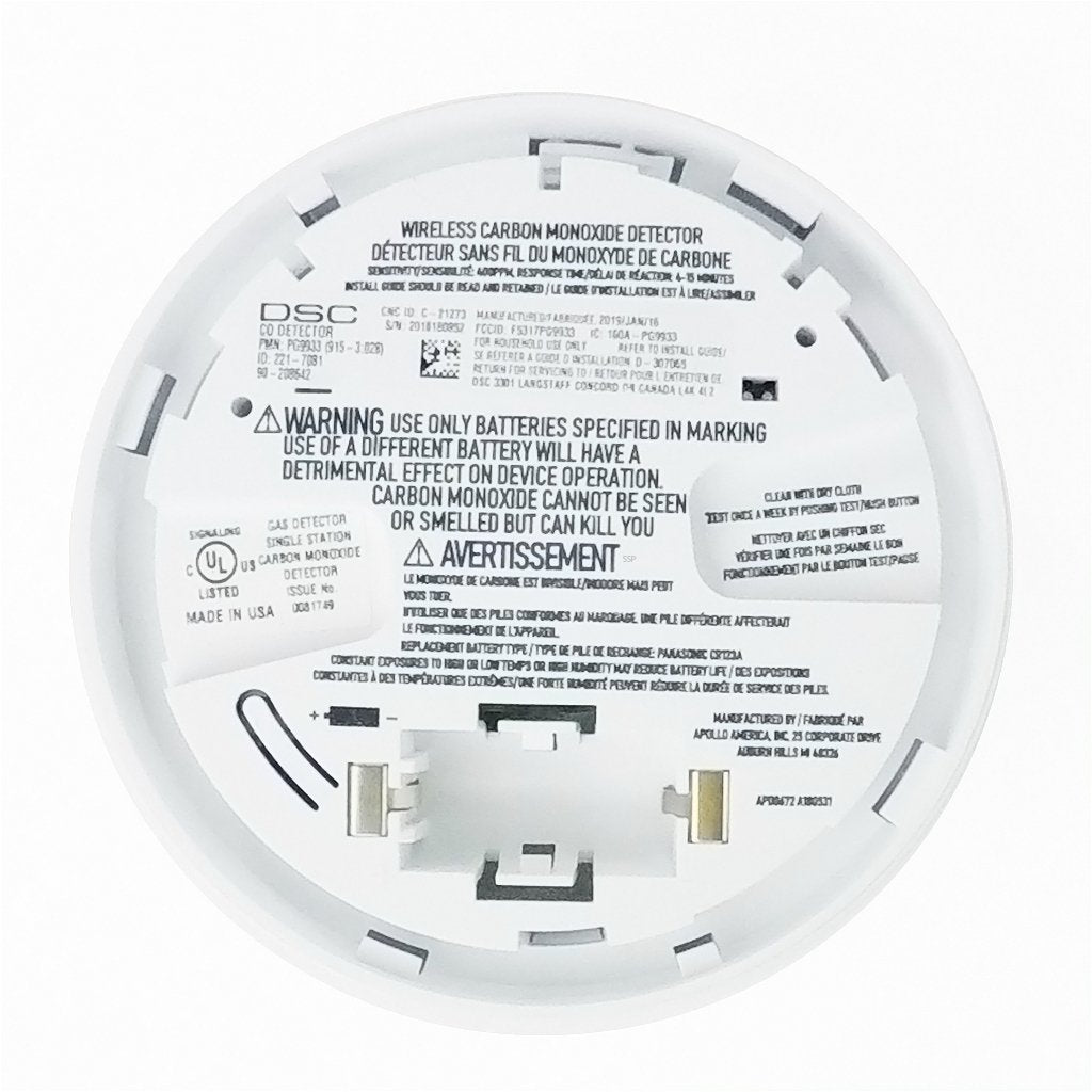 Digital Security Controls PG9933 PowerG 915MHz wireless carbon monoxide detector.