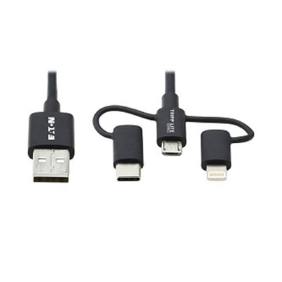 Eaton M101-006-LMC-BK Universal USB-A to Lightning, USB Micro-B and USB-C Sync/Charge Cable (M/3xM), MFi Certified, Black, 6 ft.