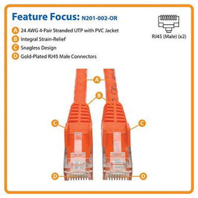 Eaton N201-002-OR Cat6 Gigabit Snagless Molded (UTP) Ethernet Cable (RJ45 M/M), PoE, Orange, 2 ft. (0.61 m)