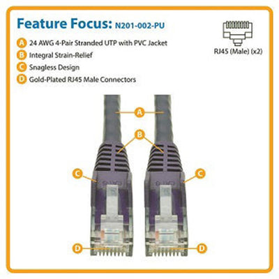 Eaton N201-002-PU Cat6 Gigabit Snagless Molded (UTP) Ethernet Cable (RJ45 M/M), PoE, Purple, 2 ft. (0.61 m)