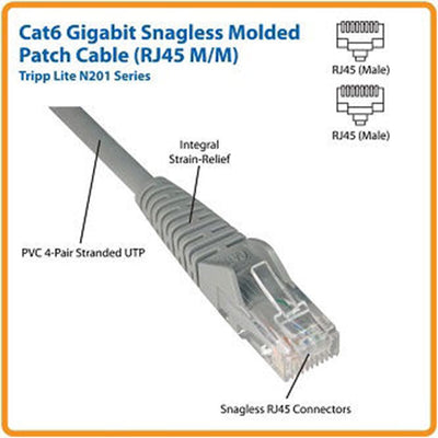 Eaton N201-010-GY Cat6 Gigabit Snagless Molded (UTP) Ethernet Cable (RJ45 M/M), PoE, Gray, 10 ft. (3.05 m)