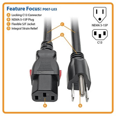 Eaton P007-L03 Computer Power Cord, NEMA 5-15P to Locking C13 - Heavy-Duty, 15A, 125V, 14 AWG, 3 ft. (0.91 m), Black