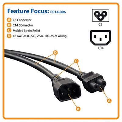 Eaton P014-006 Laptop Power Adapter Cord, C14 to C5 Adapter - 7A, 250V, 18 AWG, 6 ft. (1.83 m), Black