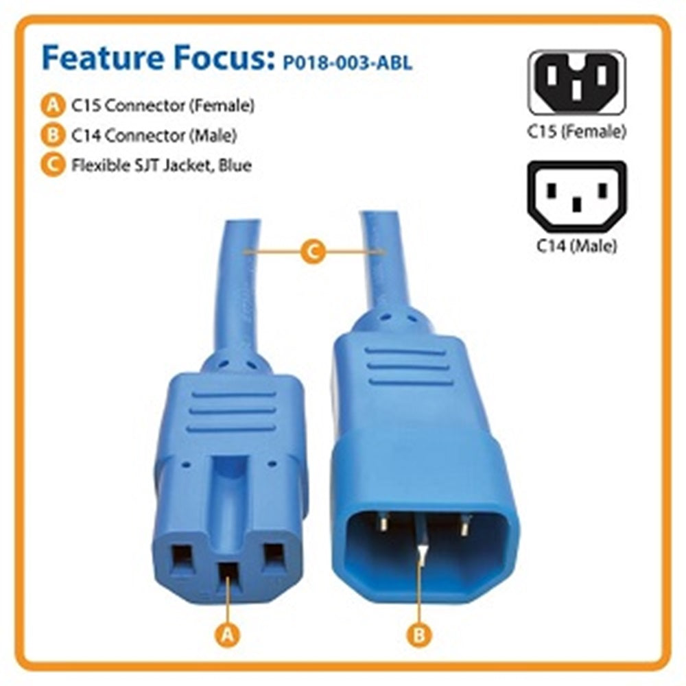 Eaton P018-003-ABL Power Cord C14 to C15 - Heavy-Duty, 15A, 250V, 14 AWG, 3 ft. (0.91 m), Blue