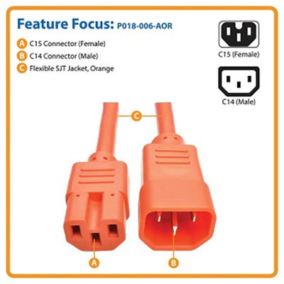 Eaton P018-006-AOR Power Cord C14 to C15 - Heavy-Duty, 15A, 250V, 14 AWG, 6 ft. (1.83 m), Orange