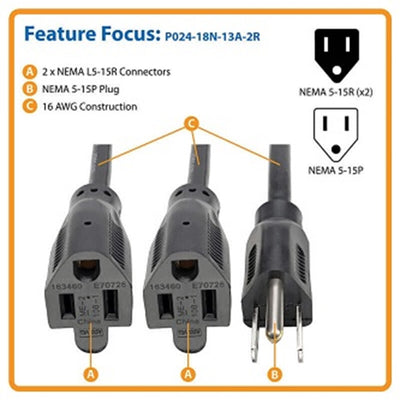 Eaton P024-18N-13A-2R Extension Cord Y Splitter, NEMA 5-15P to 2x NEMA 5-15R - 13A, 120V, 16 AWG, 18-in. (45.72 cm), Black