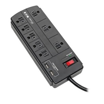 Eaton TLP88USBB 8-Outlet Surge Protector with 2 USB Ports (2.1A Shared) - 8 ft. (2.43 m) Cord, 1200 Joules, Black