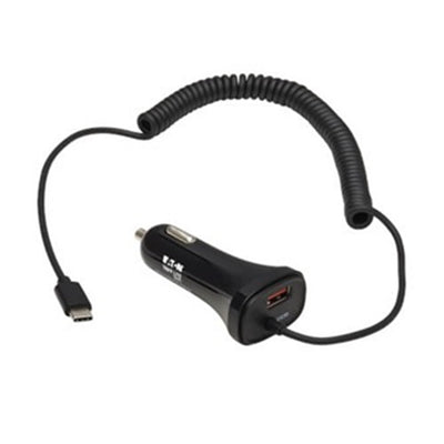 Eaton U280-C02-30W-C6 Tripp Lite Series Dual-Port USB Car Charger with 30W Charging - USB-C (18W) QC 3.0, USB-A (12W), Coiled 6 ft.