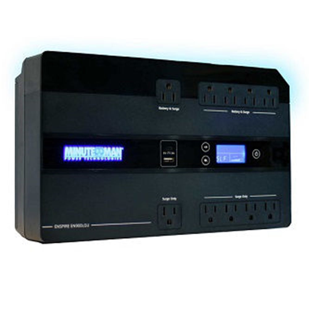 Minuteman Power EN900LGU Enspire-G Series: Standby UPS, 900VA/500W, 120VAC input & output, voltage range 95-140VAC, (5) on-battery