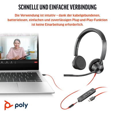 HP Poly 8X222AA Poly Blackwire 3325 Stereo Microsoft Teams Certified USB-C Headset +3.5mm Plug +USB-C/A Adapter