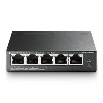 TP-Link TL-SG1005P 5-Port Gigabit Desktop Switch with 4-Port PoE+ PORT: 4 Gigabit PoE+ Ports, 1 Gigabit Non-PoE Port SPEC: