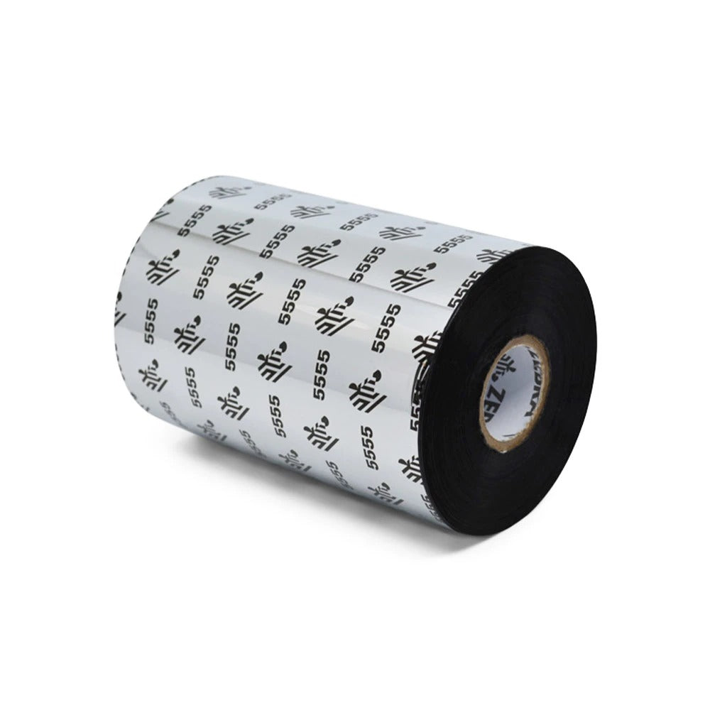 Zebra 05555BK11045 Wax/Resin Ribbon, 110mmx450m (4.33inx1476ft), 5555; Standard, 25mm (1in) core, 6/box