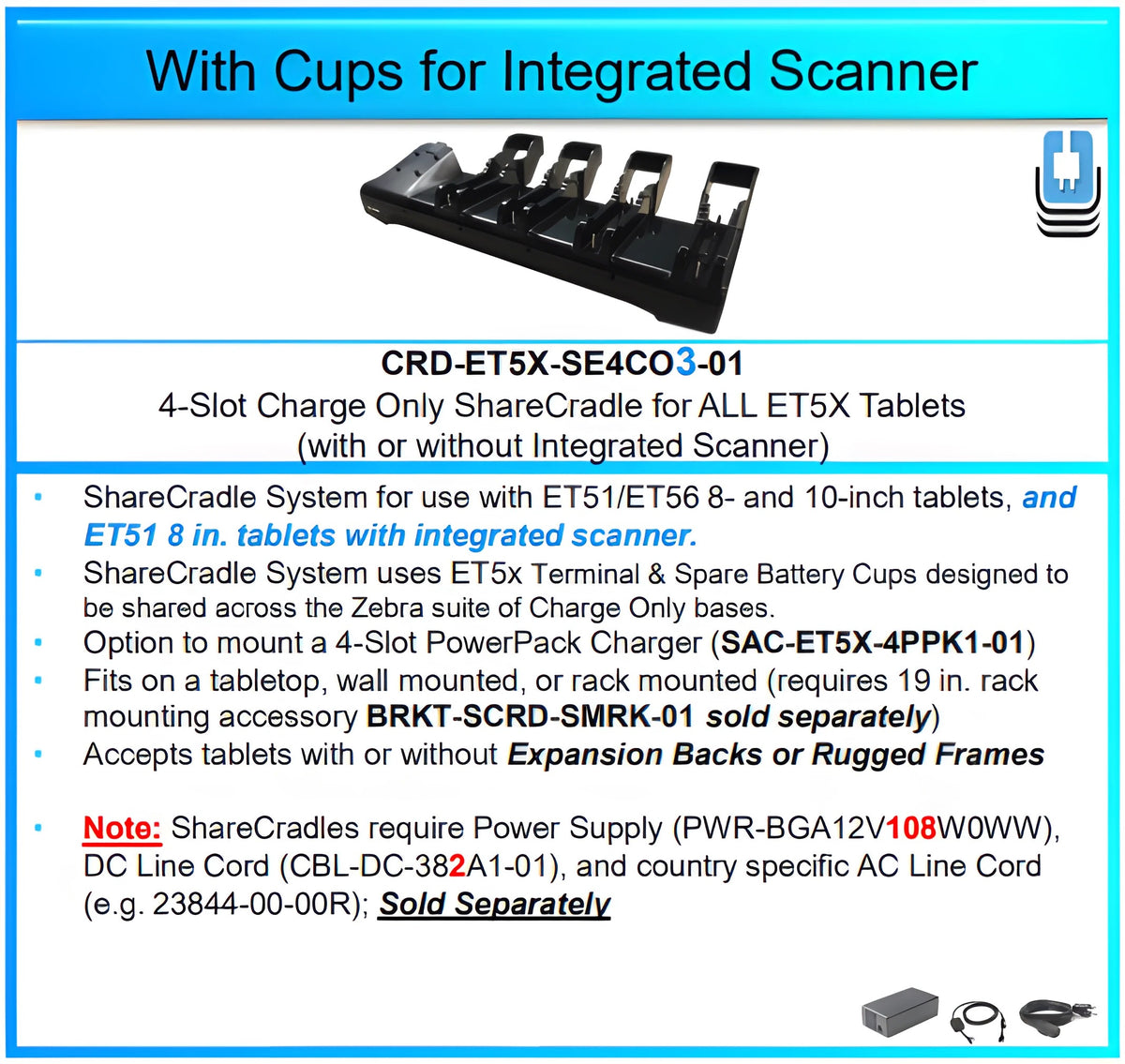 Zebra CRD-ET5X-SE4CO3-01 4-Slot Charge Only Sharecradle For All Et5X Tablets (With Or Without Integrated Scanner)