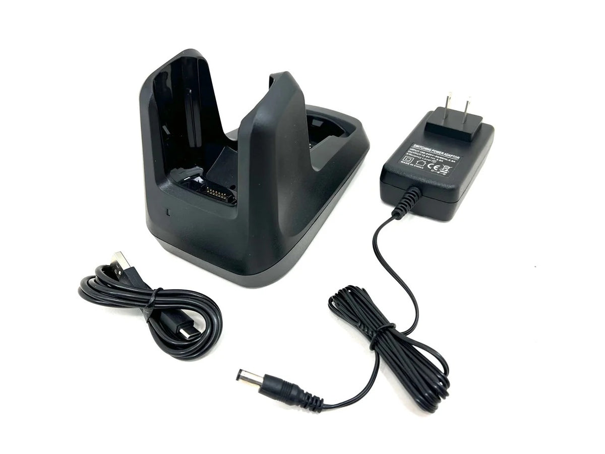 Zebra KT-CRD-MC33-2SUCHG-01 1-slot charging with USB cradle kit for MC3300/MC3300x/MC3300ax; MC3400/MC3450 device and its battery.