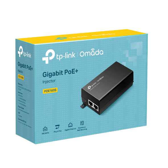 TP-Link POE160S Omada PoE+ Injector Adapter - PORT: 1 Gigabit PoE Port, 1 Gigabit Non-PoE Port; SPEC: 802.3at/af Compliant