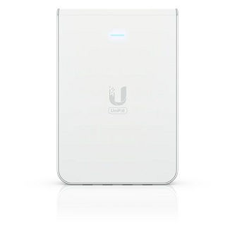 Ubiquiti U6-IW Wall-mounted WiFi 6 access point with a built-in PoE switch.