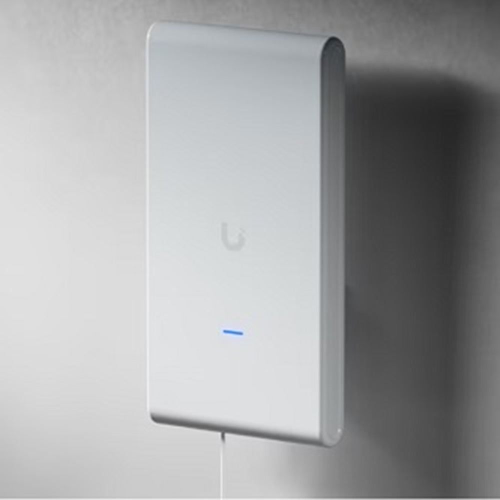 Ubiquiti U6-MESH-PRO Indoor/outdoor WiFi 6 AP with 4 spatial streams, an integrated super antenna, and a gigabit passthrough port.