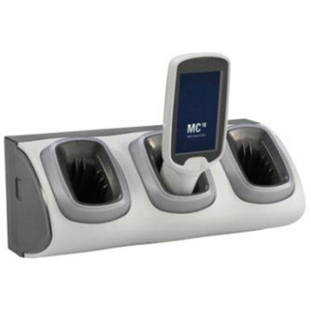Zebra CRD-MC18-3SLCKH-01 MC18, High Density HD LOCKING 3-Slot Charging Cradle Display facing out. Requires PWR-BGA12V108W0WW, DC line